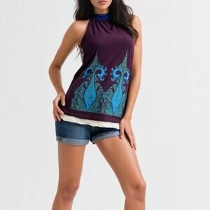 Fresh Karma Boho Halter Top Purple Blue baroque Print Sequin Hem Size Small